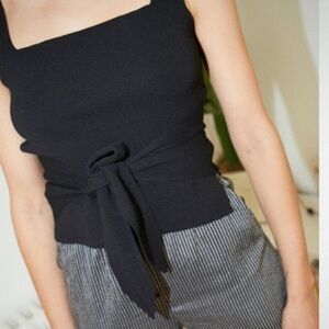 Nanushka $260 “Ora” black tie tank top sleeveless cutout viscose career camel